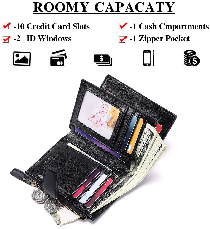 SENDEFN Women's RFID Blocking Leather Small Compact Bi-fold Zipper Pocket Wallet Card Case Purse with ID Window - Image 2