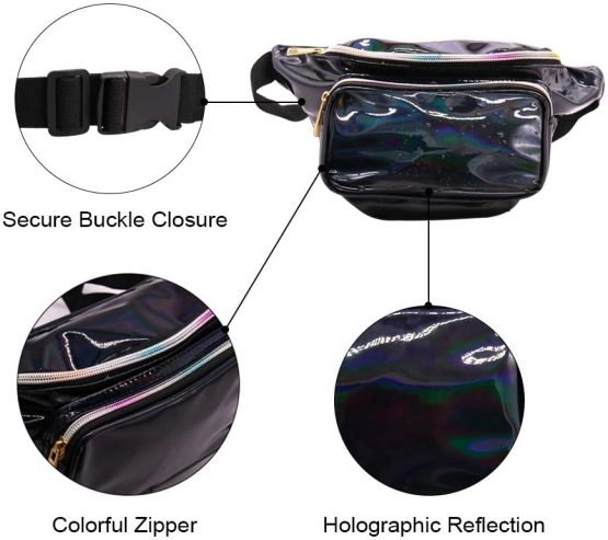 Geestock Holographic Fanny Pack for Women/Men,Belt Bag for Men PVC Waterproof Shiny Waist Bag, Laser Waist Bum Bag with Adjustable Belt for Travel, Party, Festival Rave, Running, Hiking (Black) - Image 3