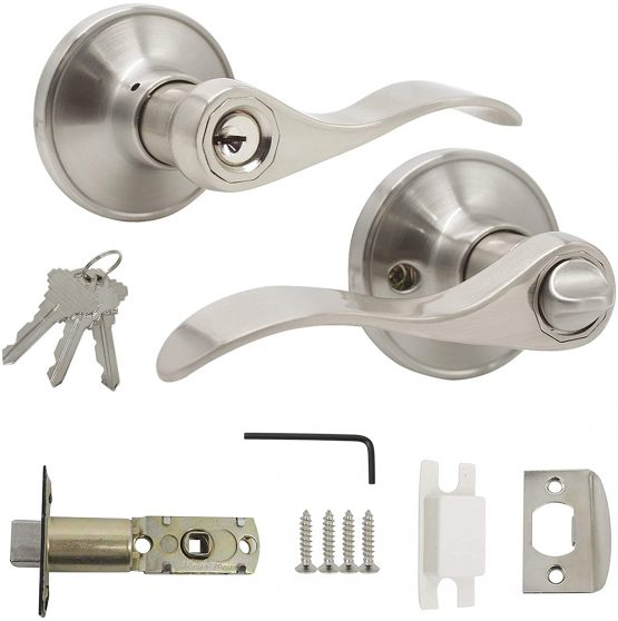 Probrico Stainless Steel Pair Lever Entrance Locker, Satin Nickel Security Door Lock with Key Safe Lockset Exterior Door Handle Knob Wave Style