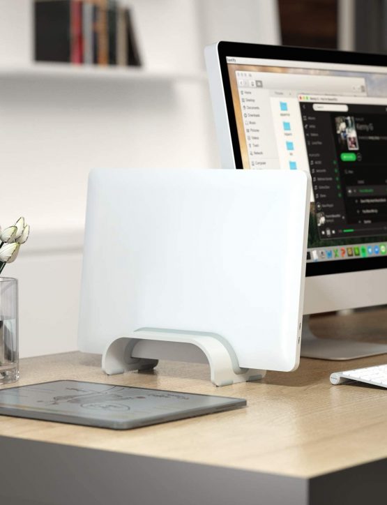 Vertical Laptop Tablet Stand, Klearlook (Space Saver Series) Aluminum Space-Saving Storage Holder Desk Organizer Compatible with Macbook/iPad and more Notebook Tablet UP to 0.7-In Thick - Silver - Image 2
