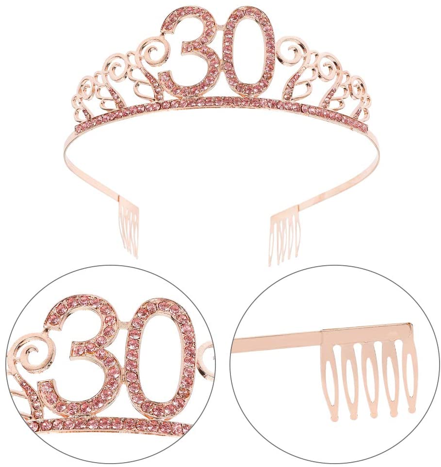 You&Lemon Rose Gold Happy 30th Birthday Sash and 30 Birthday Tiara Rhinestone Crown Headband for 30 Birthday Gift Party Accessories 30th Birthday Decoration Girls Women - Image 2
