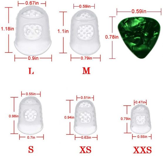 Guitar Fingertip Protectors, 20Pcs Clear Silicone Guitar Finger Protectors 5 Sizes(L/M/S/XS/XXS) and 5 Assorted Guitar Picks, for Ukulele Electric Guitar Starter - Image 2