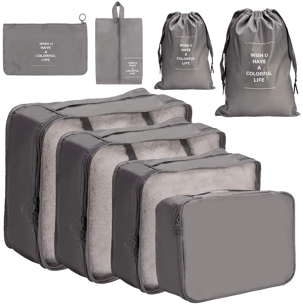 Meowoo Packing Cubes for Suitcases 8Pcs Set, Waterproof Travel Luggage Organizer with Shoes & Toiletries Bags
