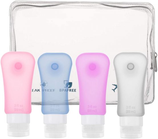 MoKo Travel Bottles 4 Pack, Leak Proof BPA Free & FDA Approved Refillable Cosmetic Toiletry Containers, Silicone Travel Bottles Set with Suction Cup for Shampoo Lotion Conditioner & More, 3.1 oz(89ml)
