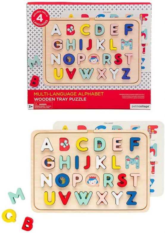 Petit Collage Multi-Language Alphabet Wooden Tray Puzzle, Multicolor - Image 3