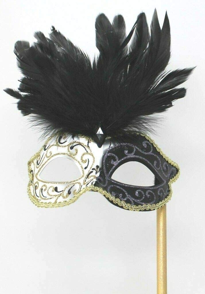 BLACK IVORY & GOLD VENETIAN MASQUERADE PARTY EYE MASK WITH LONG FEATHERS ON A STICK, 7cm Deep Exc Feathers