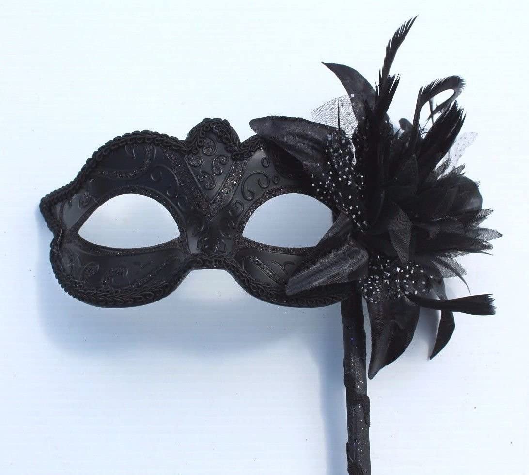 VENETIAN MASQUERADE PARTY EYE MASK WITH FLOWER ON A STICK MIDNIGHT BLACK, 8cm Exc Stick - Image 3