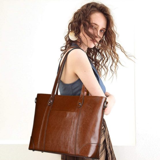 S-ZONE 15.6" Leather Laptop Bag for Women Shoulder Bag Large Work Tote with Padded Compartment - Image 2