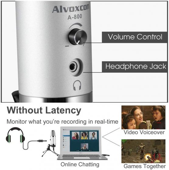 USB Microphone -Alvoxcon Computer Mic with Headphone Monitor Jack for Mac & Windows PC, Laptop, Podcasting, Studio Recording, Steaming, Twitch, Voiceover, PS4 Gaming, YouTube Video,with Desktop Stand - Image 3