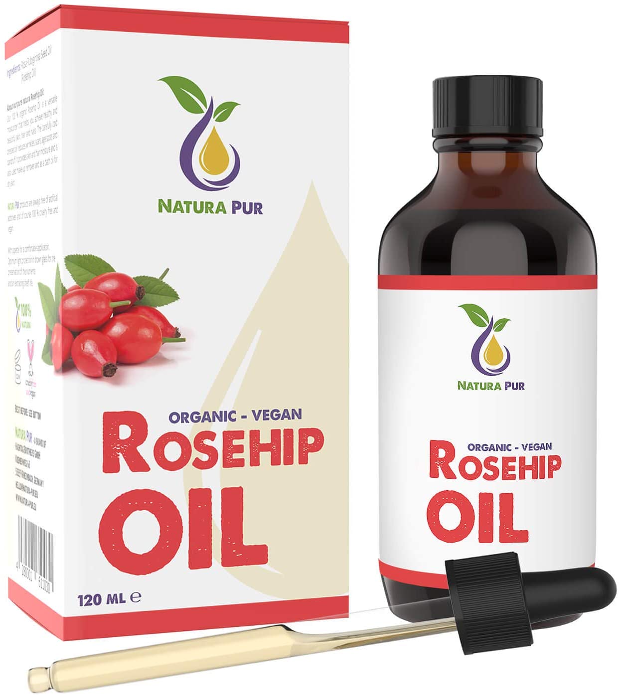 Rosehip Oil 120ml - 100% organic, cold pressed, vegan - Anti-aging Rose Hip Seed Oil for face skin, body, hair, hands