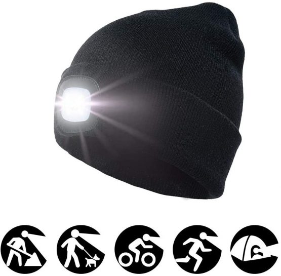 enjoydeal LED Beanie Hat Lighted Knit Hat Rechargeable Hands Free Headlamp Cap for Hunting Camping Grilling Running