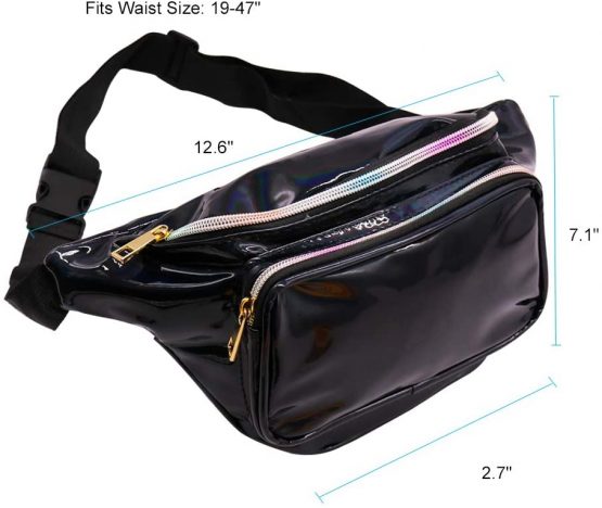 Geestock Holographic Fanny Pack for Women/Men,Belt Bag for Men PVC Waterproof Shiny Waist Bag, Laser Waist Bum Bag with Adjustable Belt for Travel, Party, Festival Rave, Running, Hiking (Black) - Image 2