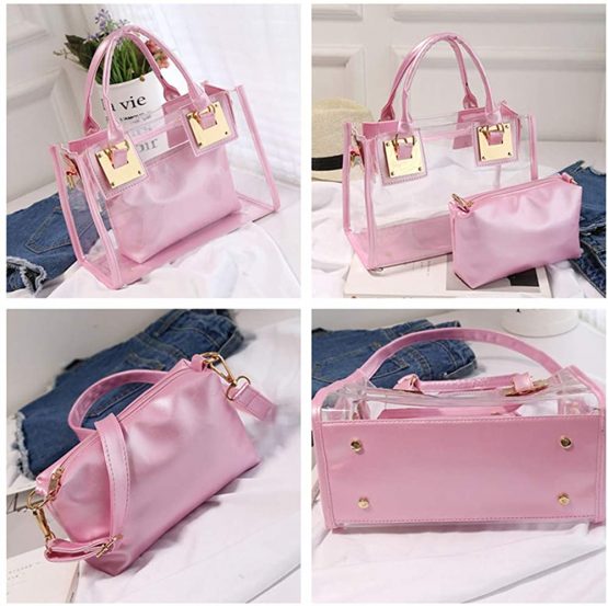 Women Fashion Transparent Bag 2 in 1 Handbag Top Handle Tote Shoulder Crossbody Bag - Image 4