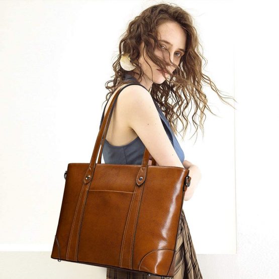 S-ZONE 15.6" Leather Laptop Bag for Women Shoulder Bag Large Work Tote with Padded Compartment - Image 2
