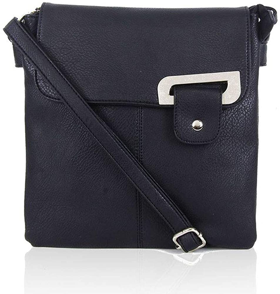 New Women's 2 Compartments High Quality Faux Leather Flip Handbag Crossbody Messenger Shoulder Bag (Black)