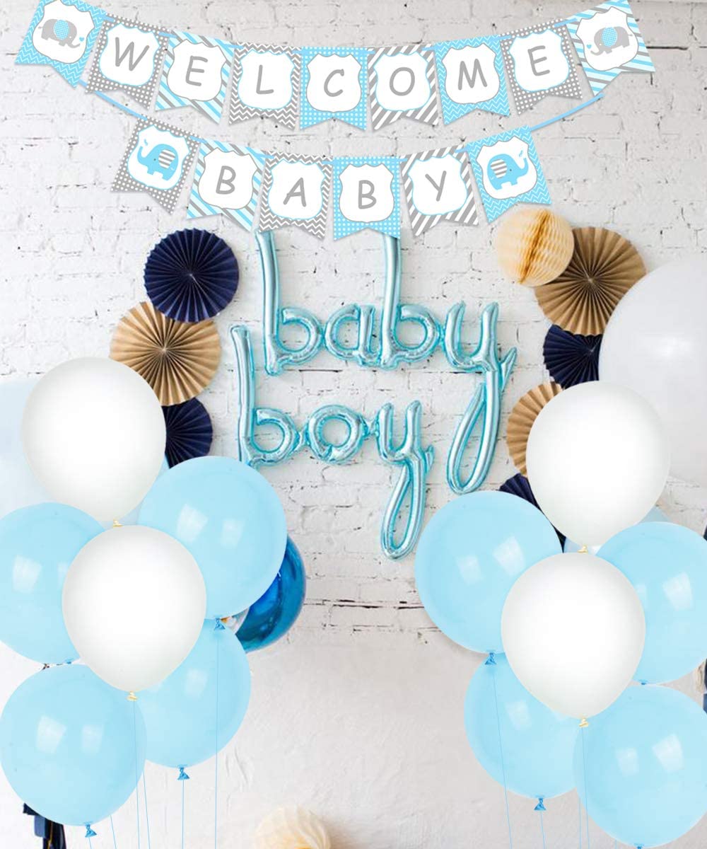 JOYMEMO Elephant Baby Shower Decorations, Welcome Baby Banner Bunting, Foil Letter Balloon Blue, Sash, Elephants Cake Toppers - Image 2