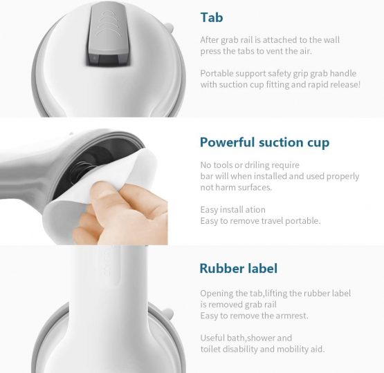 Newthinking Suction Bathroom Grab Rails, Portable Mobility Aids Safety Handle with Suction Cup Fitting, for Bathroom, Children and Disability Aids (2 Pack) - Image 3