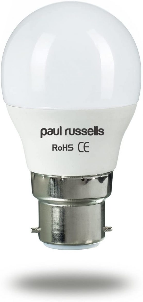2 Pack 5W Golf LED Light Bulbs B22 BC Bayonet Paul Russells Bright 5W=40W G45 Small Globe Ball 270 Beam Lamp Day Light (6500K) 40W Incandescent Replacement