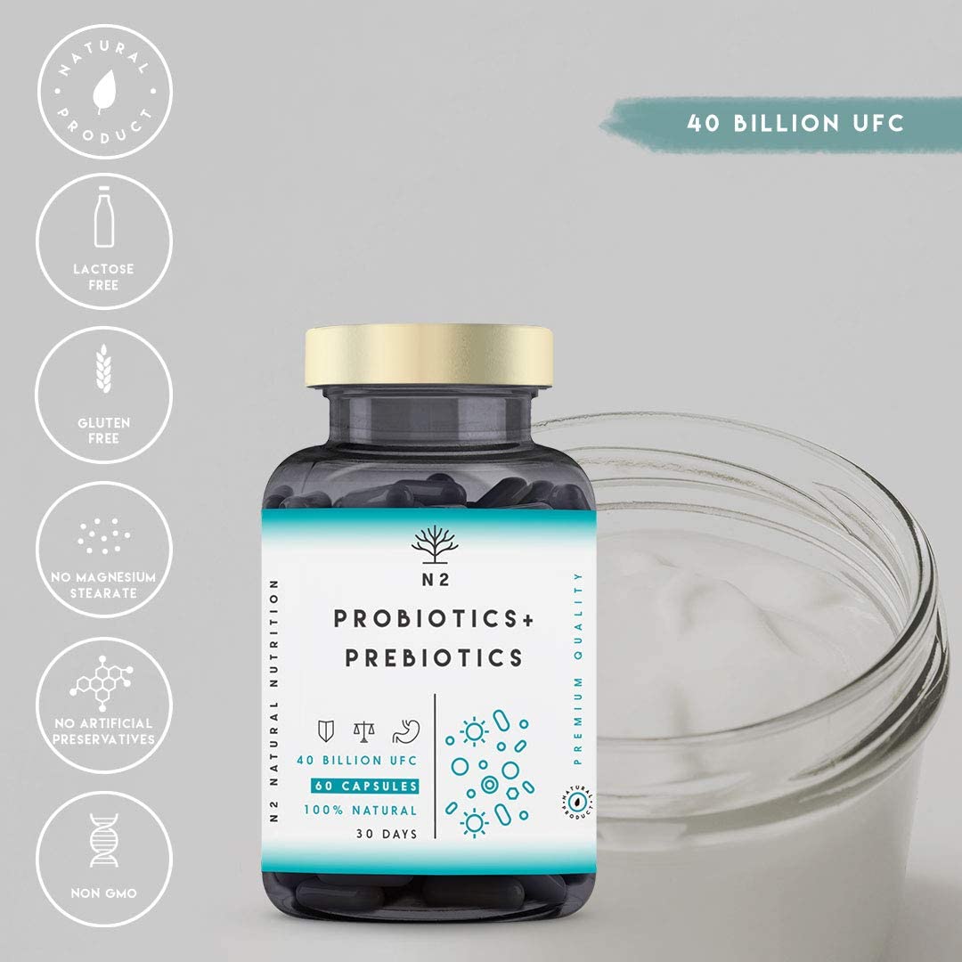 Probiotics and Prebiotics Supplement 40 Billion CFU. 6 Probiotic Strains, 60 Vegan Chlorophyll Capsules. N2 Natural Nutrition - Image 2