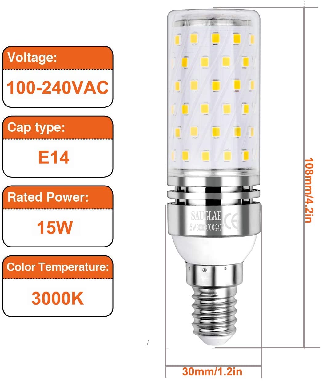 SAUGLAE Led Corn Bulbs 15W, 120W Incandescent Bulbs Equivalent, 3000K Warm White, 1700Lm - Image 2