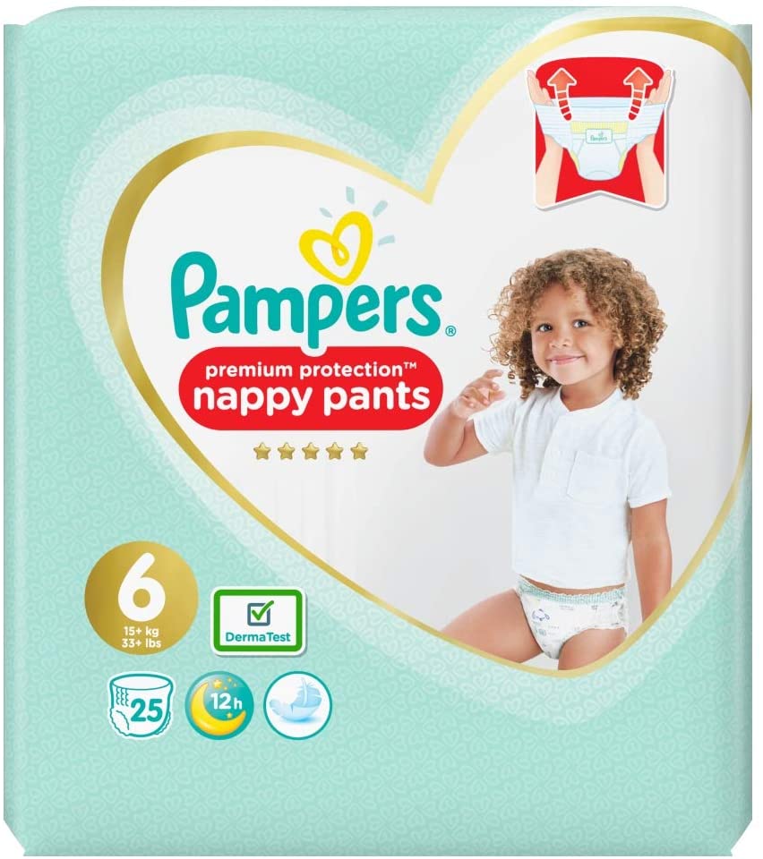 Pampers Premium Protection Nappy Pants Size 6, 25kg, White, Size 6 (25 Count)