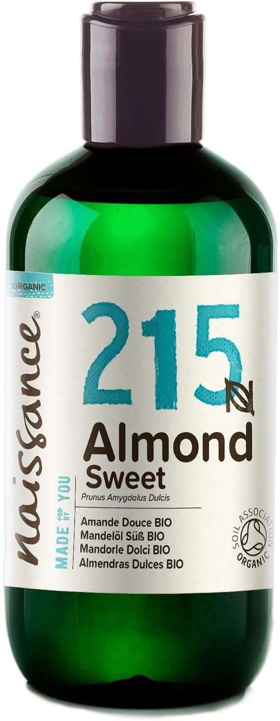 Naissance Certified Organic Sweet Almond Oil (no. 215) 225ml, for Skin Hair, Massage, Nails, Ears, Face, Body, Stretch Marks