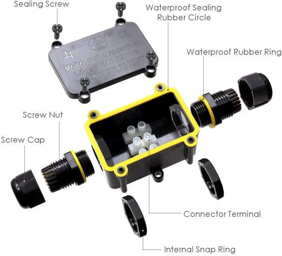 IP68 Waterproof Junction Box, HUYU 2-Way Outdoor Cable Connectors with 2 Cable M20 Gland Wire Connector Electrical Junction Box for 5-12MM Diameter Cable, 3 Pin Terminal, Black - Image 2