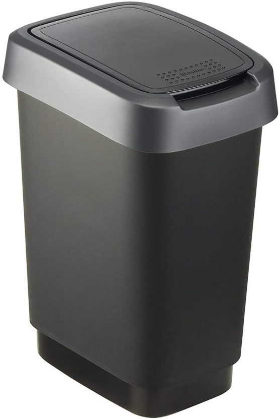 Rotho, Twist, Waste bin 10l with lid, can be used as swing or hinged lid, Plastic (PP) BPA-free, black/silver, 10l (24,8 x 18,1 x 33,0 cm)