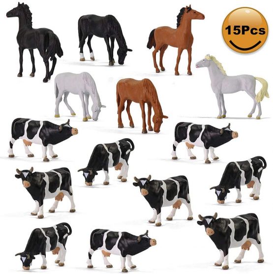 Evemodel 15pcs Model Trains O Scale Painted Horses Cows 1:43 PVC Animals Desktop Decor AN4303