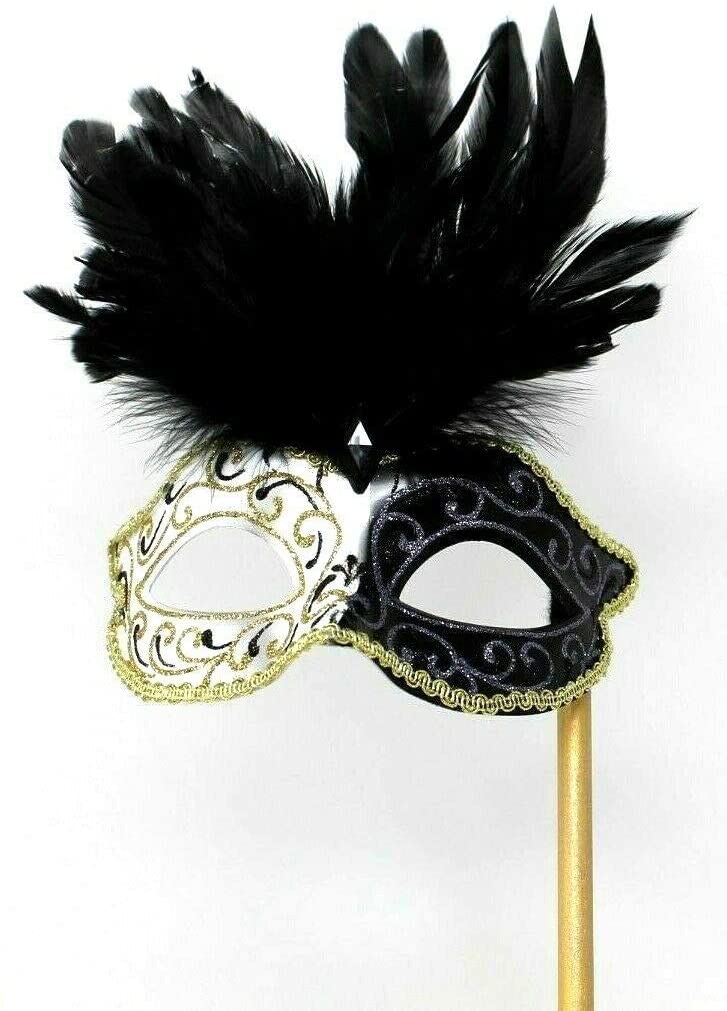 BLACK IVORY & GOLD VENETIAN MASQUERADE PARTY EYE MASK WITH LONG FEATHERS ON A STICK, 7cm Deep Exc Feathers - Image 2