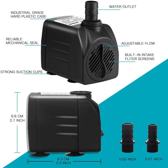 Cadrim Submersible Water Pump, Aquarium Water Pumps 1200L/H 25W Fountain Water Pump with 2 Nozzles For Pet Fountains/Pond/Aquarium/Fish Tank/Statuary/Hydroponics 300Gph - Image 3