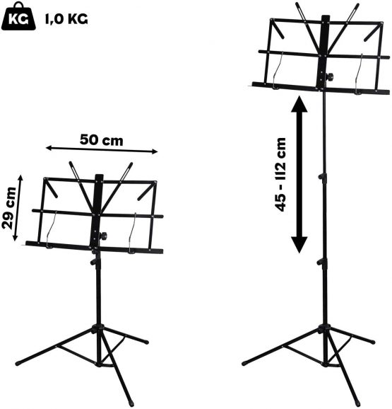 CASCHA Music Stand with carrying bag, sheet music holder, foldable metal, collapsible, height adjustable, black, HH 2067 - Image 3