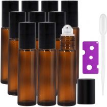 10Pcs, 10ml Essential Oils Roller Bottles - Amber Glass Roll on Bottles with Stainless Steel Roller Balls Perfect for Fragrance, Aromatherapy by Alledomain (Included 1 Bottle Opener and 1 Dropper)