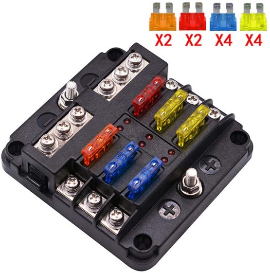 Tawveml 6 Way Blade Fuse Box, 12V/24V Circuit Fuse Holder Box Block with Negative Bus, Car Standard Blade with LED Indicator for Automotive Car Boat Marine Truck