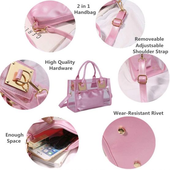 Women Fashion Transparent Bag 2 in 1 Handbag Top Handle Tote Shoulder Crossbody Bag - Image 2