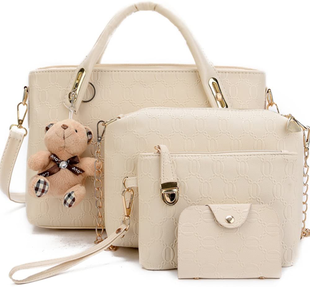 FiveloveTwo Women 4Pcs Top Handle Satchel Hobo PU Leather Handbag Set Large Tote + Purse + Shoulder Bag + Card Holder Beige