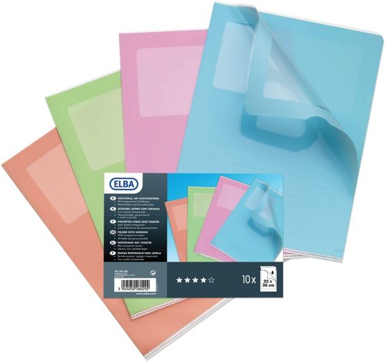 Elba 100206582 Document Wallets Pastel A4 Polypropylene 0.13 mm with Labelling Space and Window Assorted Colours Pack of 10