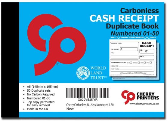 Cherry Carbonless NCR Cash Receipt Duplicate Book A6 50 Sets Numbered 1-50