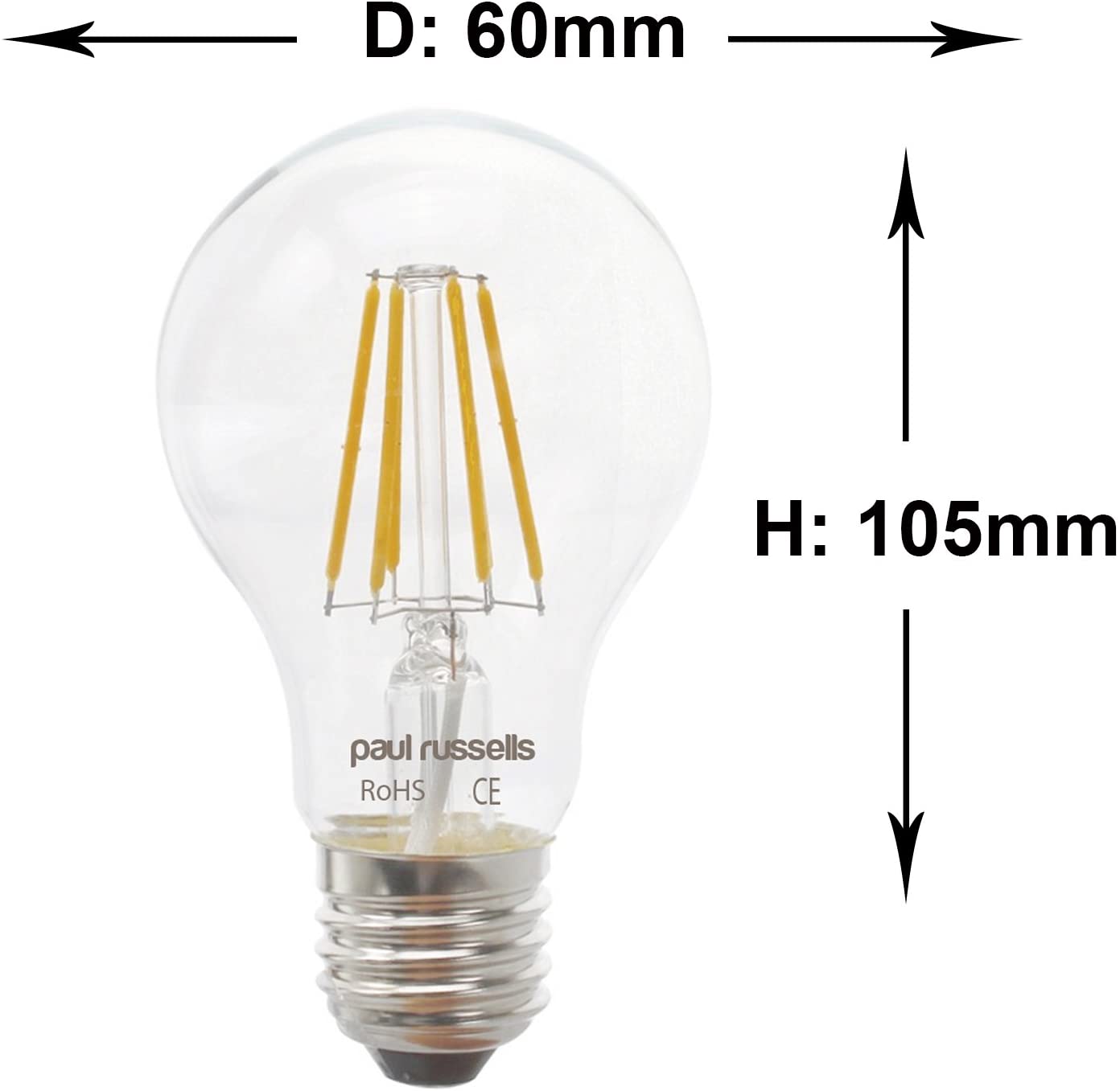 paul russells E27 Edison Screw LED Filament, 7Watt 60W Equivalent 806LM Lumens 2700K ES Standard GLS A60 - Image 3