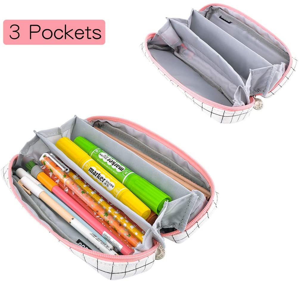 Oyachic Rectangular Pencil Case Plaid Pouch Bag Pen Holder 3 Compartments Stationery Storage Organizer Box for Teen Girls Students School Office - Image 2
