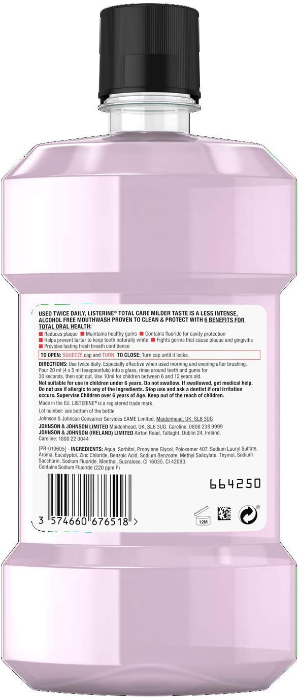 Listerine Total Care Milder Taste (Zero Alcohol) Antibacterial Mouthwash (500ml) - Image 4