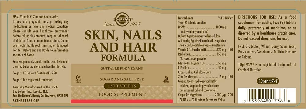 Solgar Skin, Nails and Hair, Improved MSM Formula, To Help Build Collagen With Vitamin C, Vegan, Light Brown, Pack of 120, 310 g - Image 2