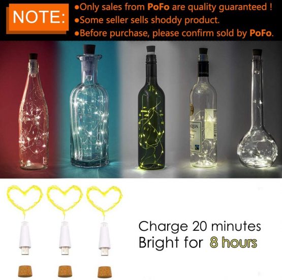 LED Cork Bottle Lights, USB Powered Rechargeable, 6.2ft 20 LED, Copper Wire String Starry LED Lights for DIY, Home Kitchen, Wedding, Halloween, Christmas, Party Decor (Warm White, 3 Pcs) - Image 2