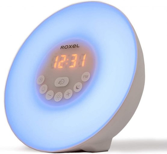 Roxel Alarm Clock Wake Up Light Sunrise/Sunset Simulation Table Bedside Lamp with FM Radio, Colour Changing Mood Light, Nature Sounds and Touch Control Function (White)