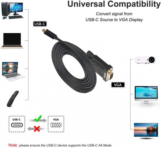 USB C to VGA Cable, BENFEI 1.8M Thunderbolt 3 to VGA Compatible for MacBook Pro 2019/2018/2017, Samsung Galaxy S9/S8 etc(Only Compact with USB C Devices which support DisplayPort Alt Mode) - Image 3