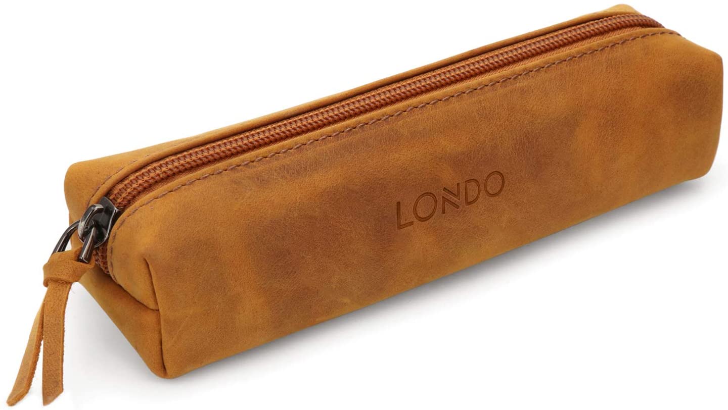 LONDO Genuine Leather Zipper Pen, Pencil & Cosmetic Case - Pouch Stationery Bag, Camel