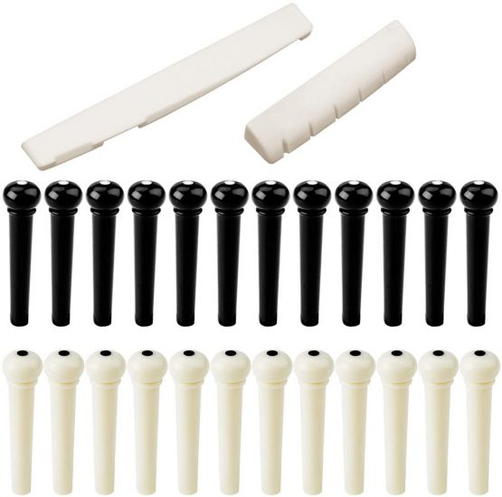 FineGood 24 pcs Guitar Bridge Pins with 2 pcs Bridge Saddle and Nut, Plastic Acoustic Bridge Pins and 6 String Real Bone Folk Bridge Saddle Guitar Replacement - Ivory, Black