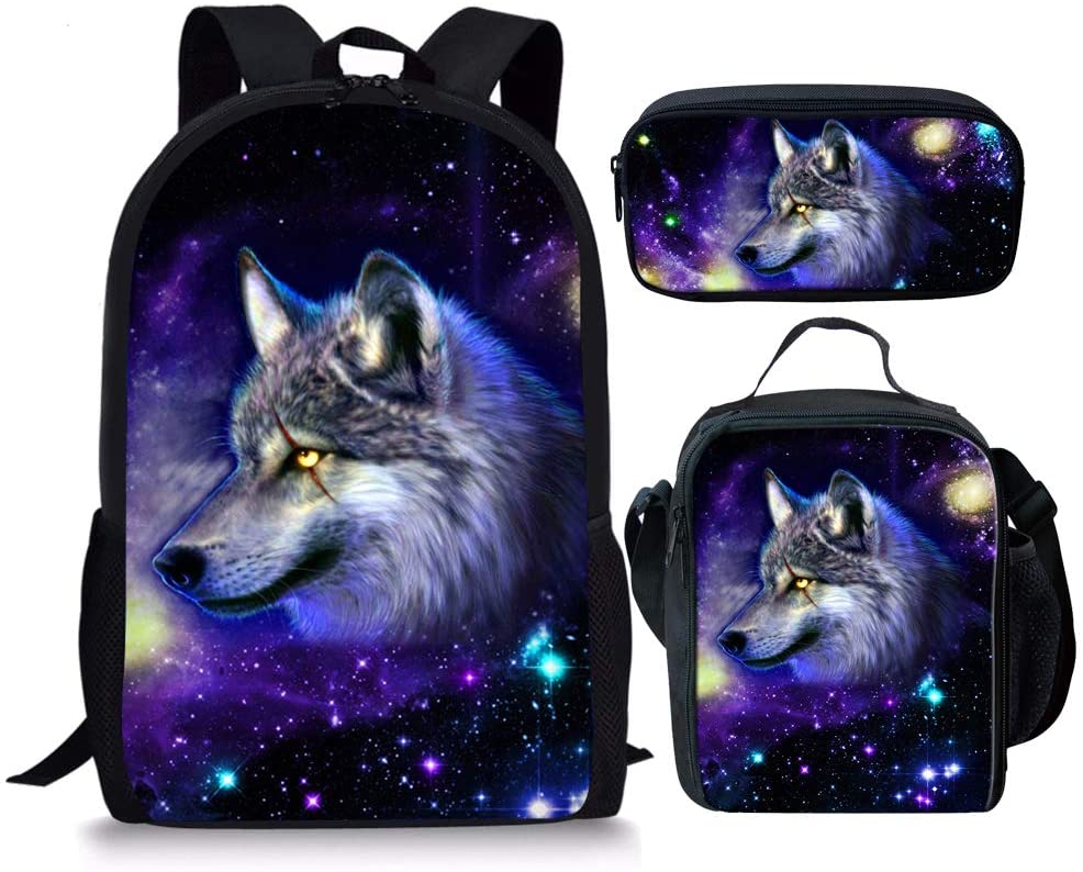 chaqlin Galaxy Wolf Backpack Set for Kids 3 Piece Teen Boys School Bag with Thermal Lunch Boxes Pencil Holder