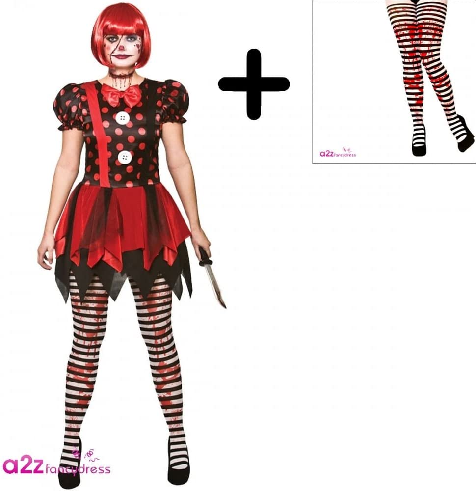 Horror Clown + Tights Ladies Fancy Dress Halloween Circus Adults Womens Costume (Small UK 10 - 12), Red, Small UK 10-12 - Image 2