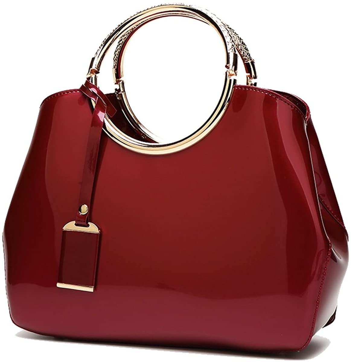 Coolives Womens Ring Handle PU Patent Leather Handbag Burgundy